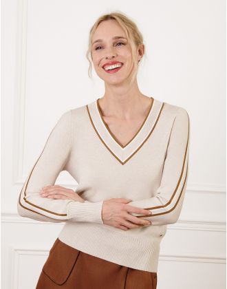 Pull beige col V rayures