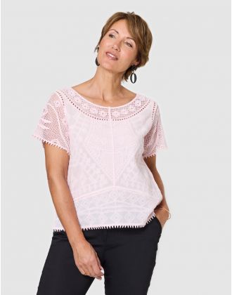 Blouse brodée coton rose