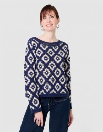 Pull crochet coton bleu