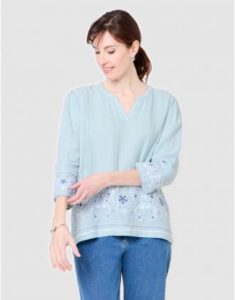 Blouse brodée coton vert