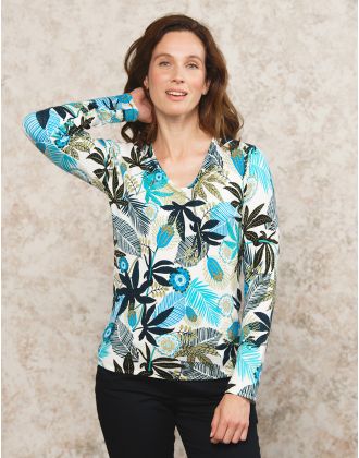 Pull imprimé blanc bleu