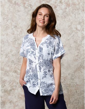 Chemisier lin motif bleu