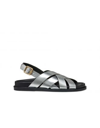 Sandale plate cuir argent