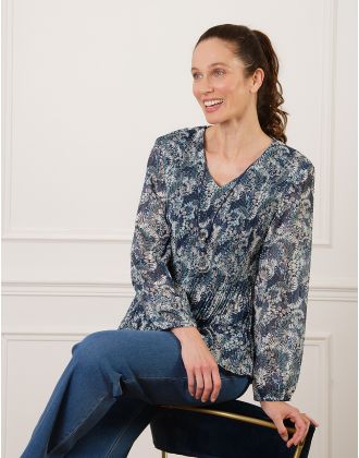 Blouse plissée motif bleu
