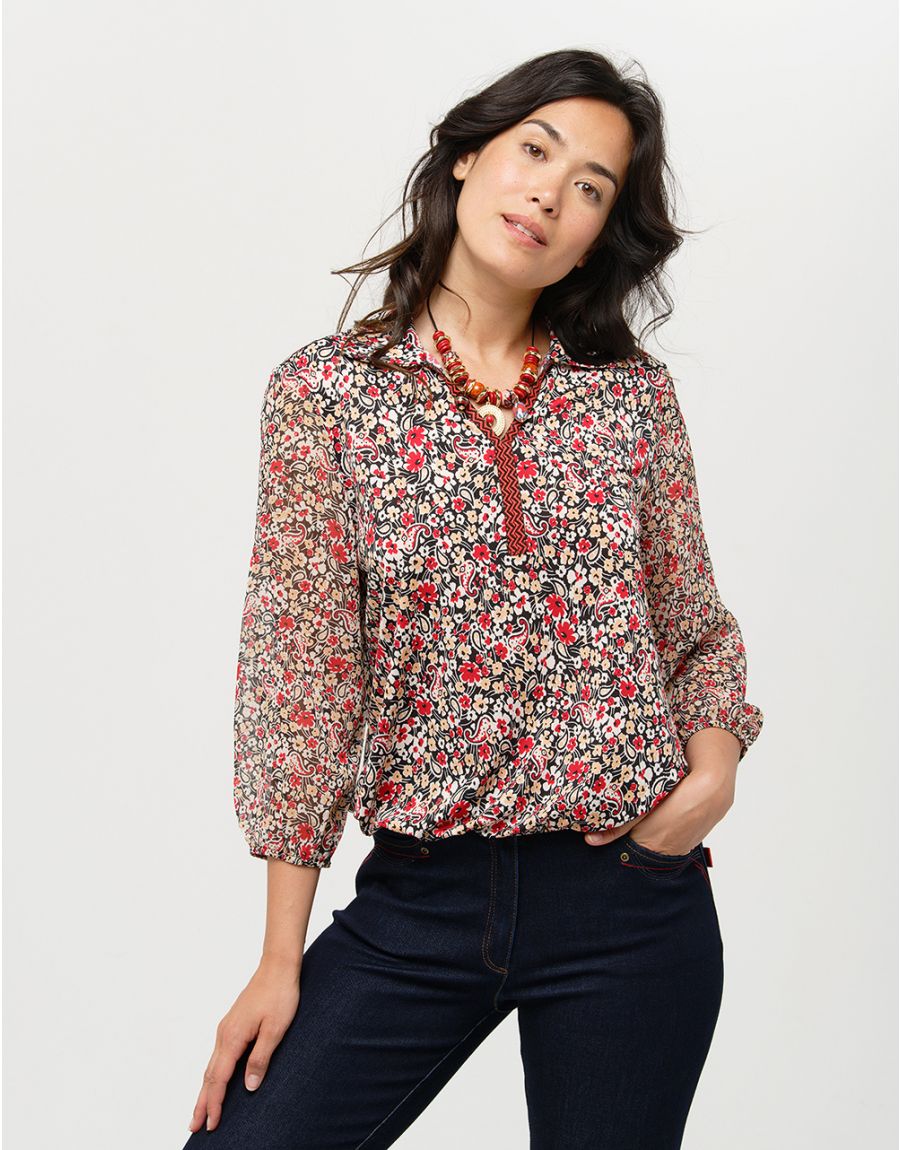 Manches Longues Blouse Femme Rouge Fleurie Chemisier à Manches