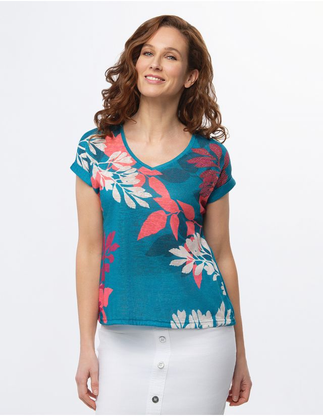 T-shirt bleu motif fleuri