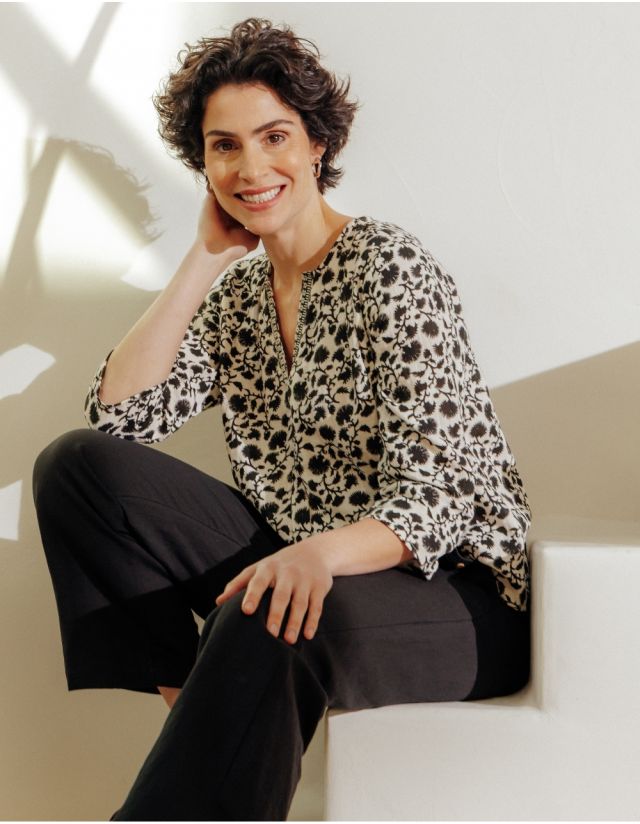 Blouse motif coton beige