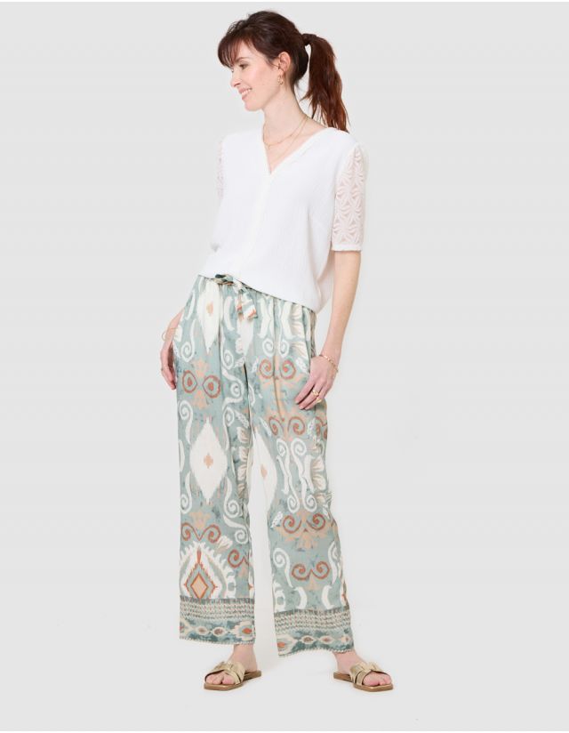 Pantalon large motif vert