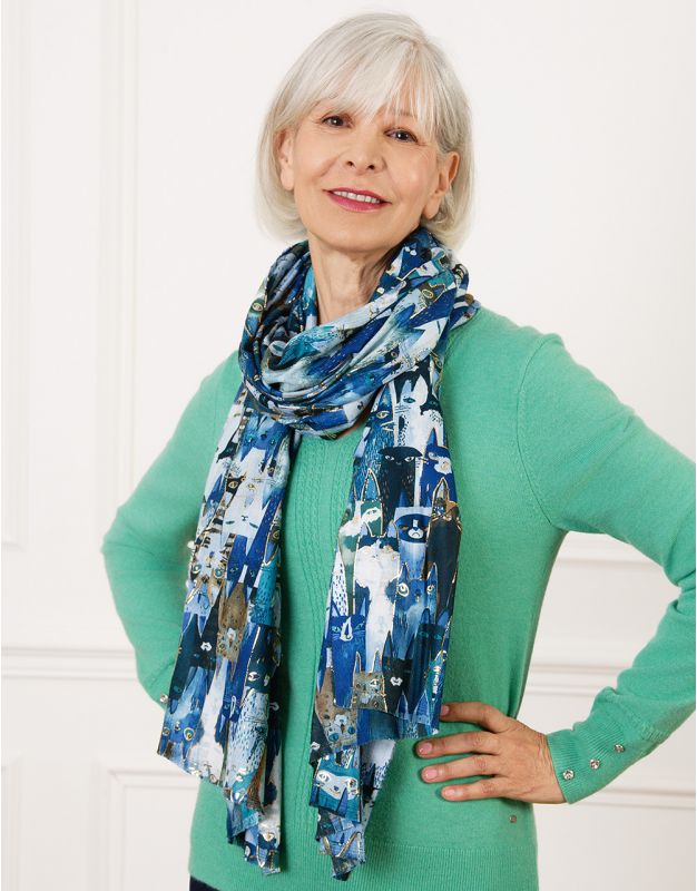 Foulard bleu motif chat