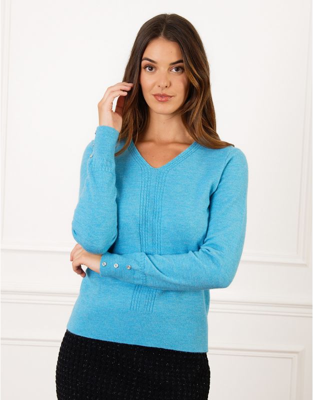 Pull col V laine bleu