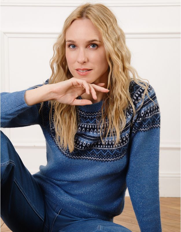 Pull motif jacquard bleu