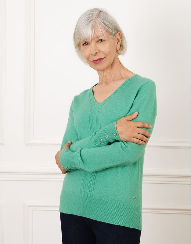 Pull col V laine vert