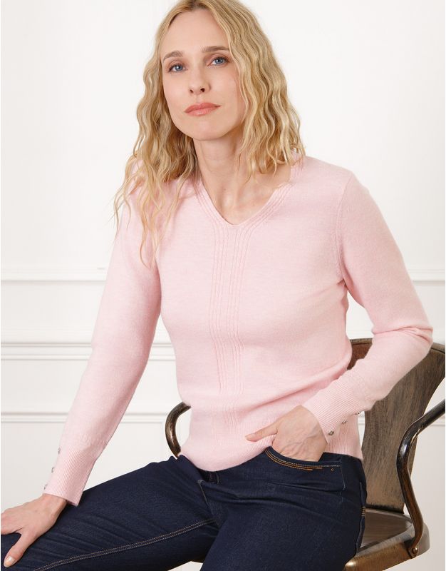 Pull col V laine rose