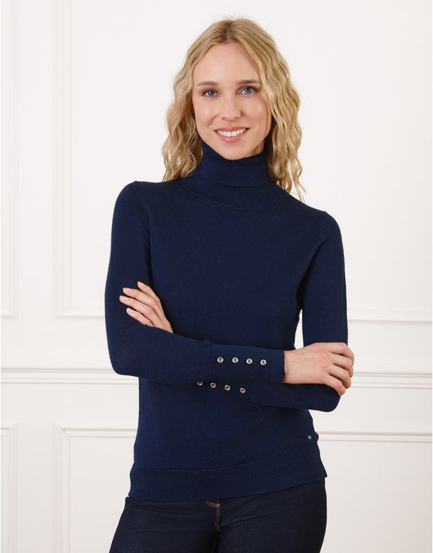 Pull laine col roulé bleu