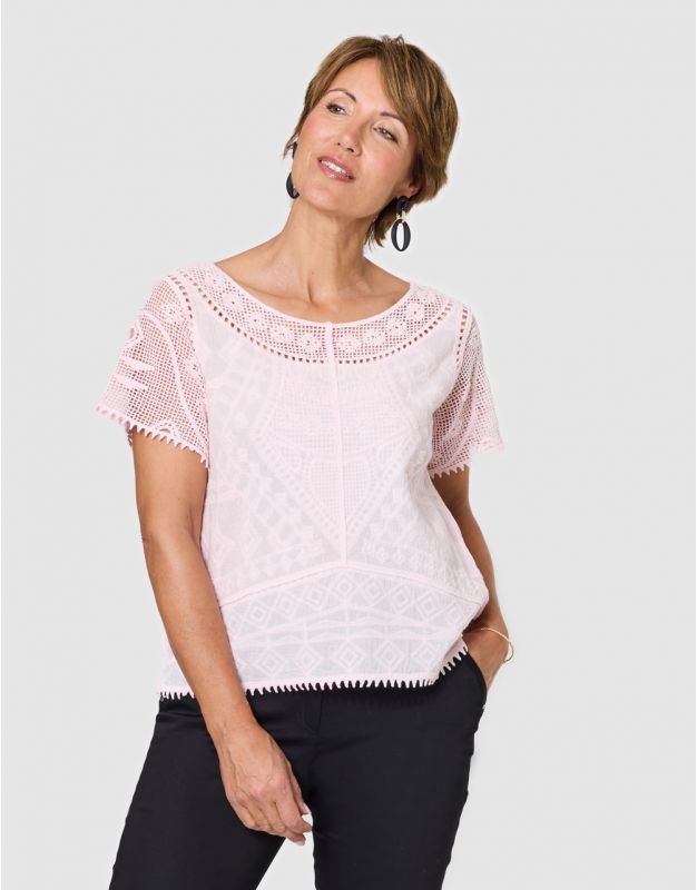 Blouse brodée coton rose
