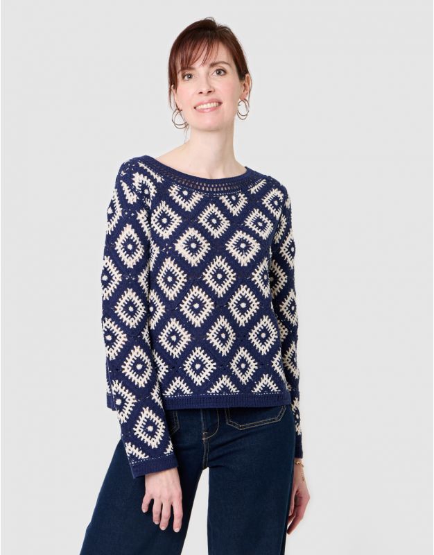 Pull crochet coton bleu