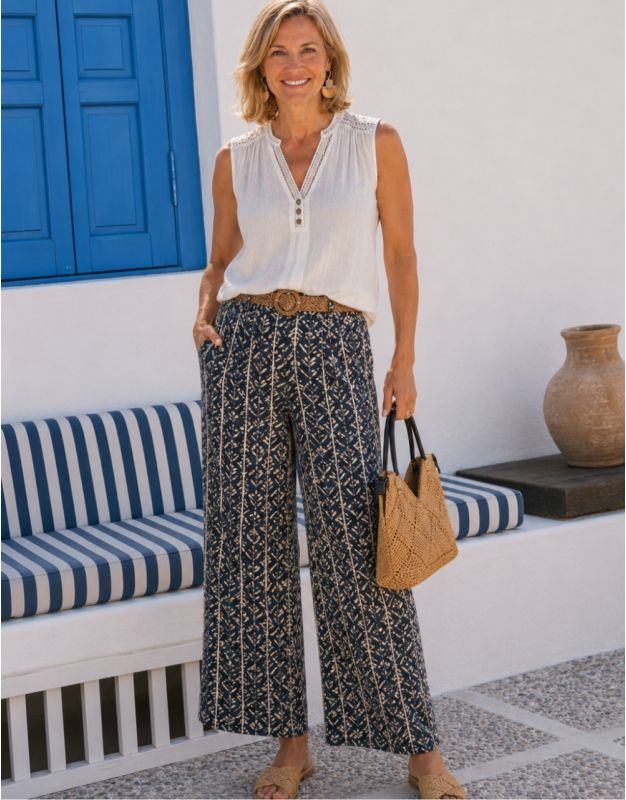 Pantalon large motif bleu