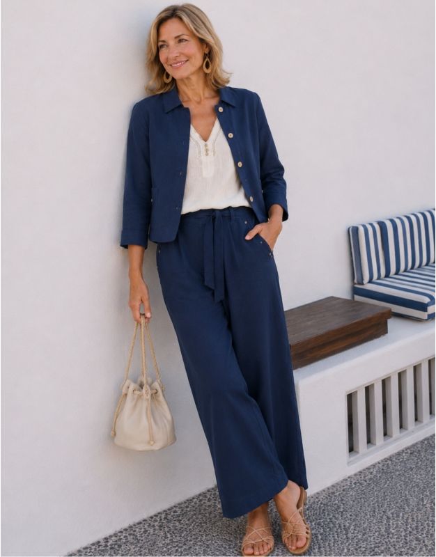 Pantalon large lin bleu
