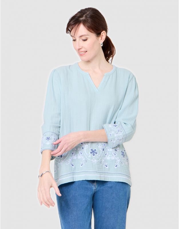Blouse brodée coton vert