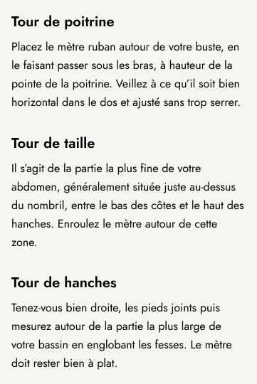 Tour de poitrine, tour de taille et tour de hanches Tour de poitrine, tour de taille et tour de hanches